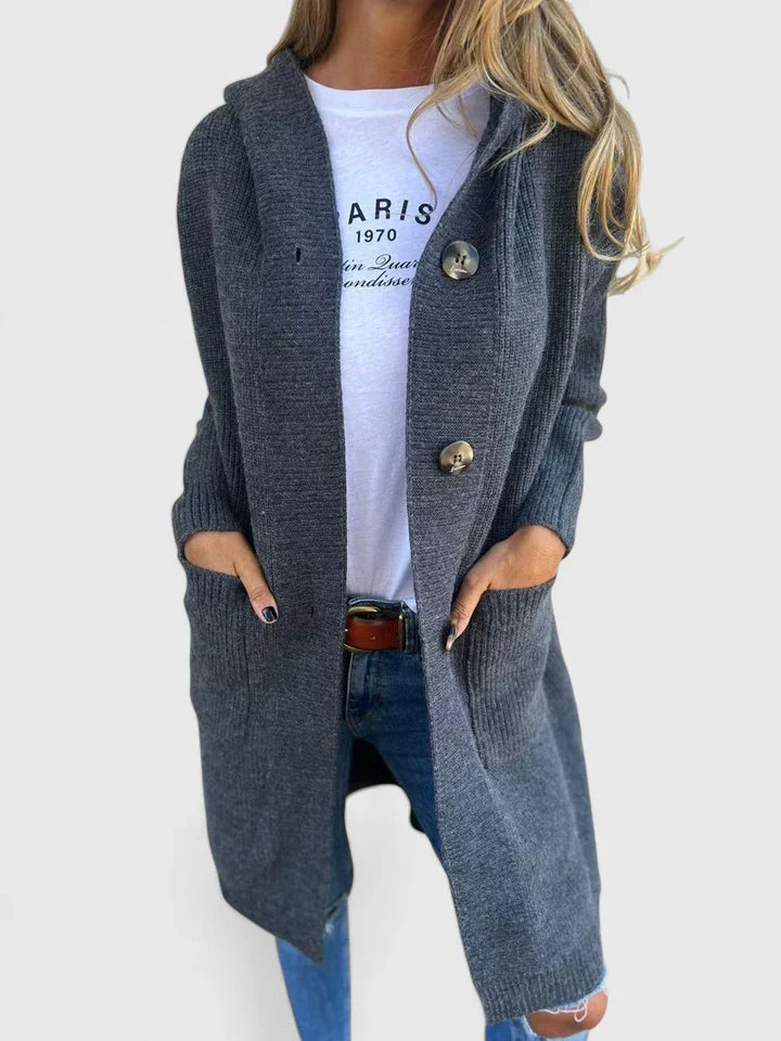 Women's longline ribbed cardigan with a hood, large buttons and pockets - dark grey