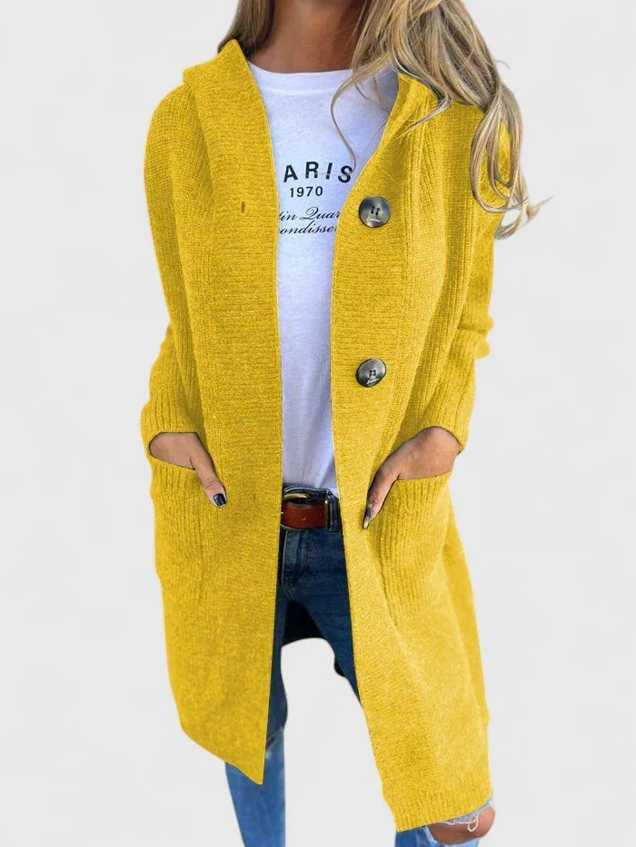 Women's longline ribbed cardigan with a hood, large buttons and pockets - yellow