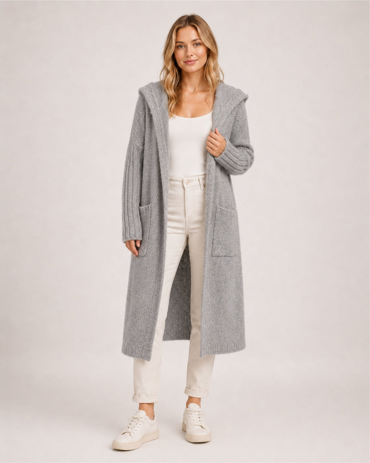 Women's longline hooded cardigan with an open front and patch pockets - grey