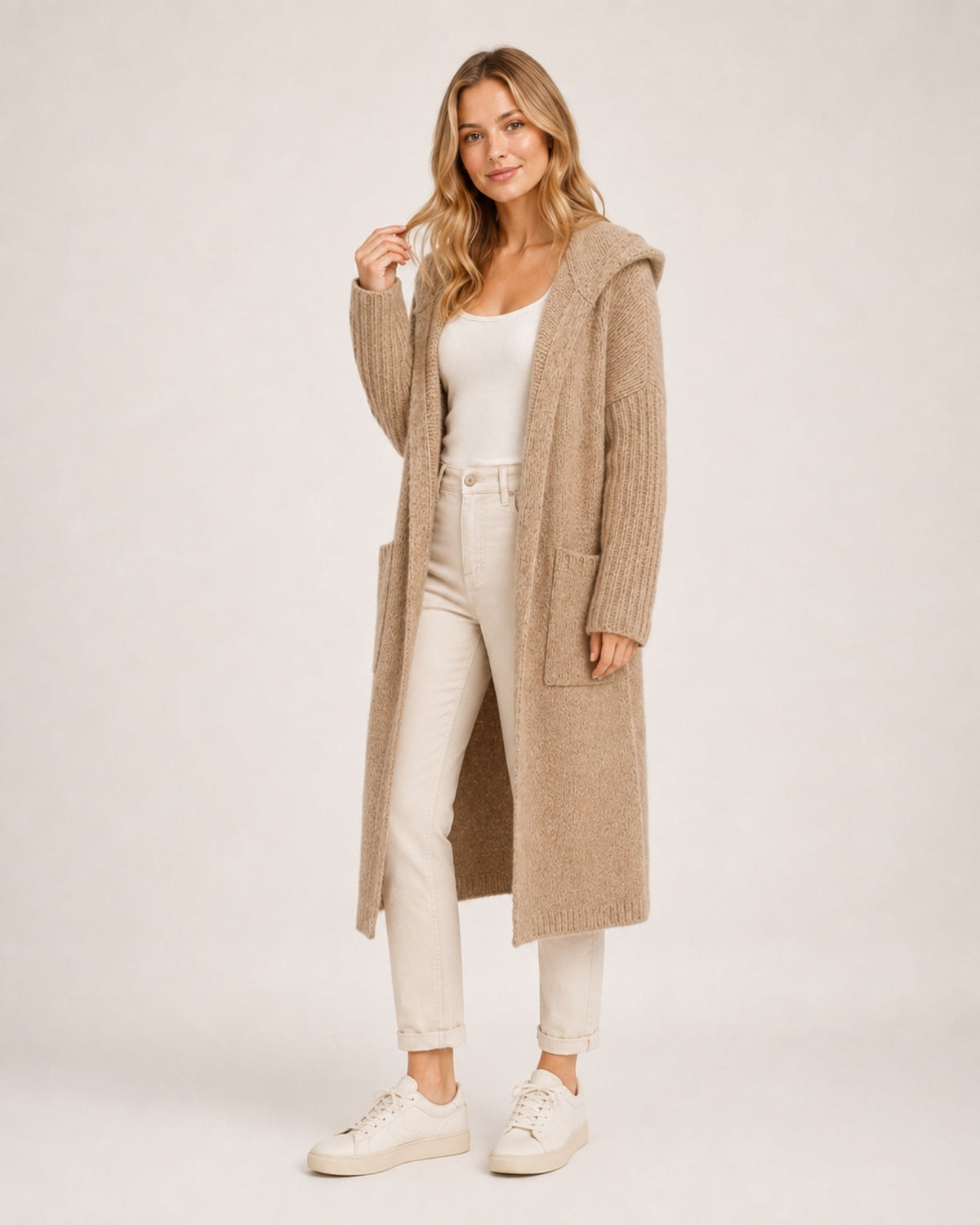 Women's longline hooded cardigan with an open front and patch pockets - camel