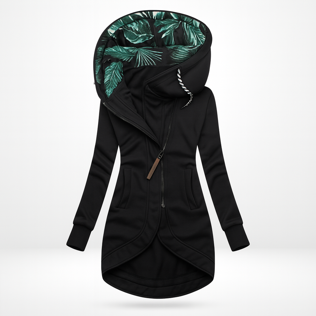 Women's longline hooded jacket with an asymmetric zip and leaf-print hood lining - black