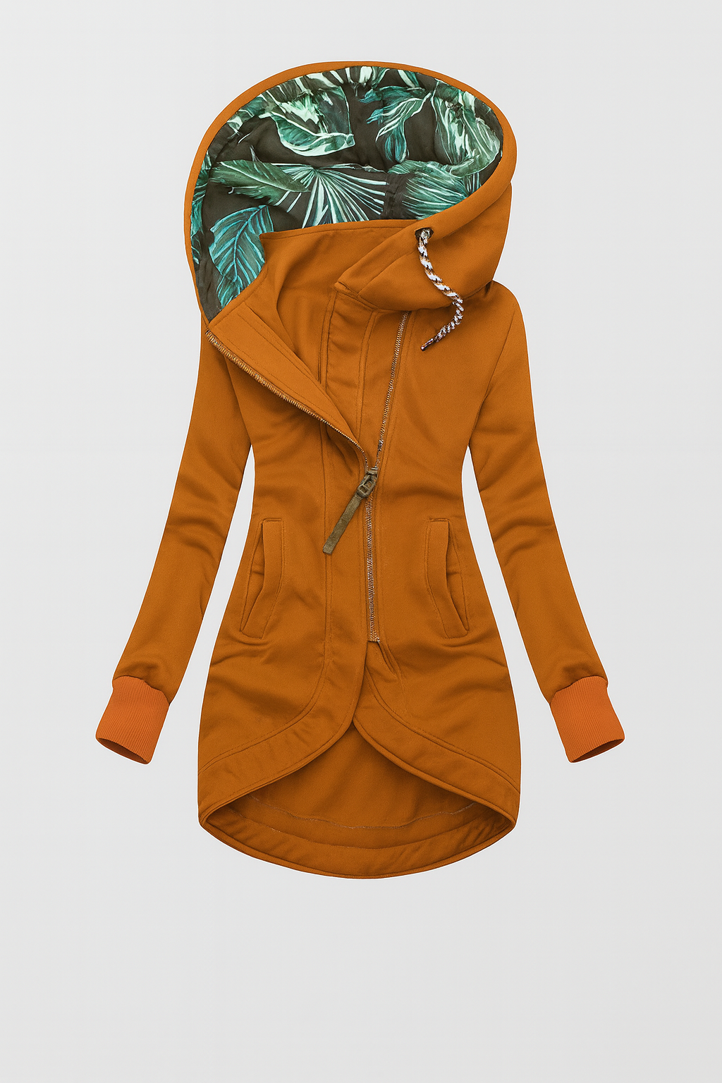 Women's longline hooded jacket with an asymmetric zip and leaf-print hood lining - rust