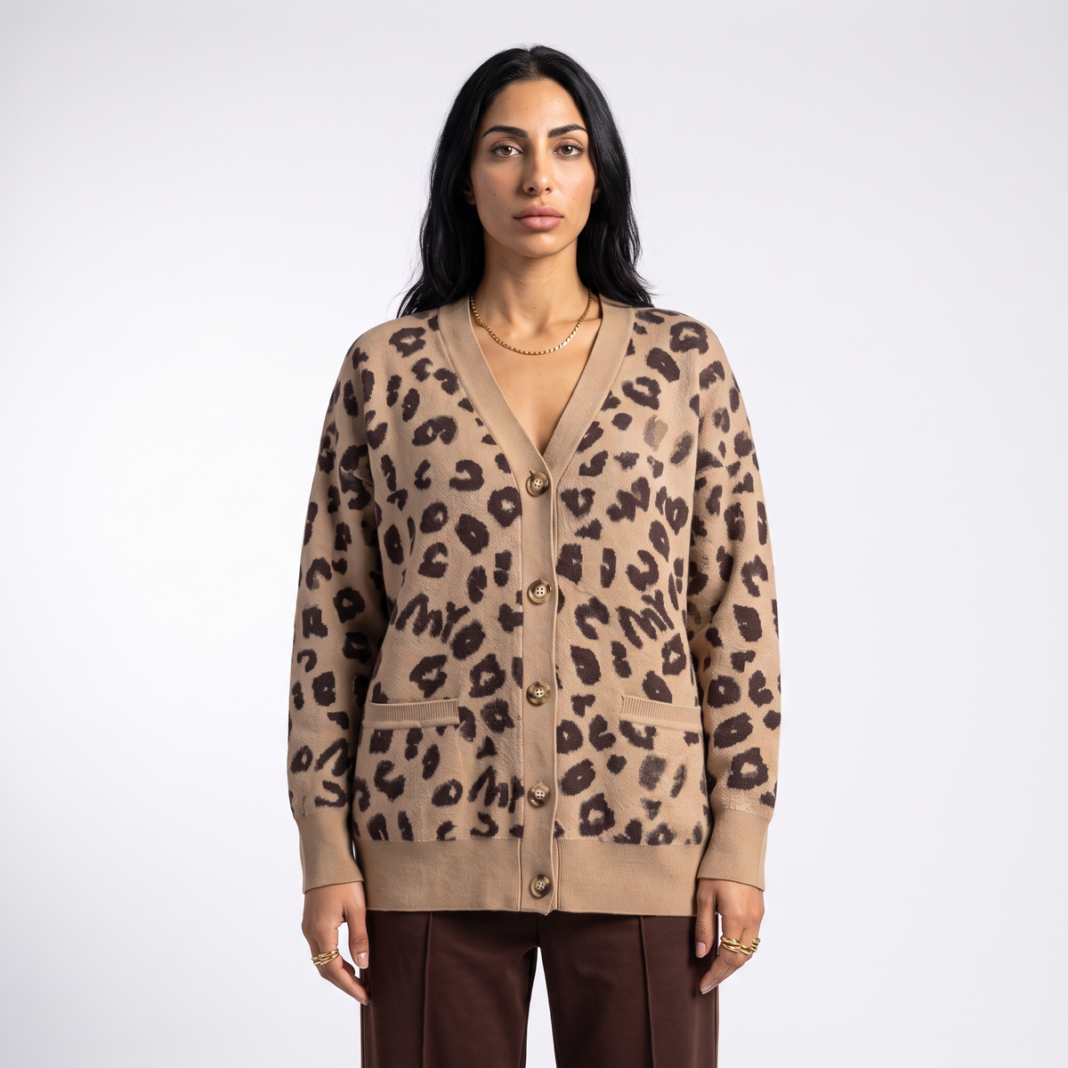 Women's longline leopard knit cardigan with a V-neck and patch pockets - leopard print