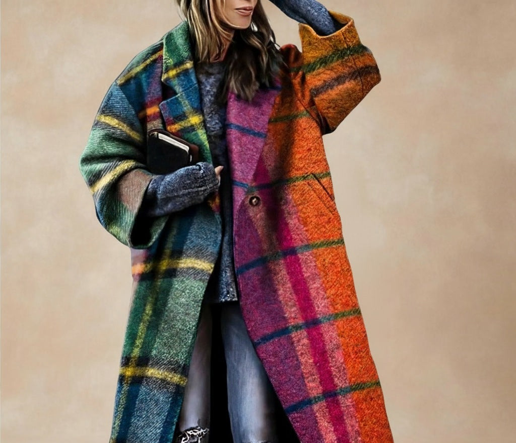 Women's longline oversized coat with notch lapels and dropped shoulders - multicolour check