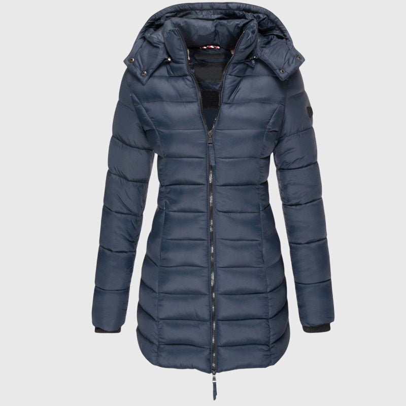 Women's longline padded coat with a hood and a fitted waist - navy