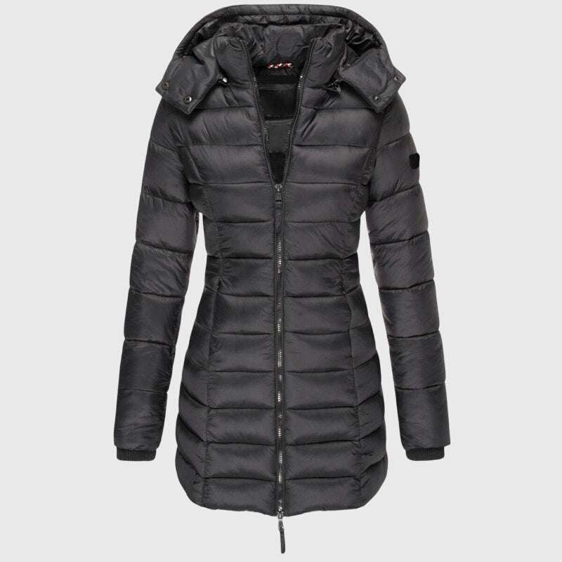 Women's longline padded coat with a hood and a fitted waist - black