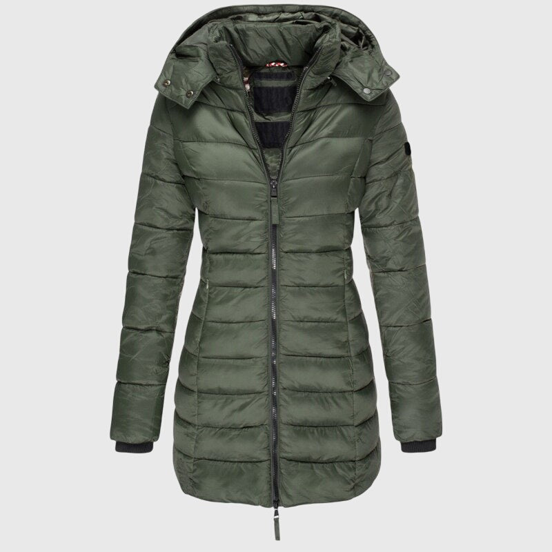Women's longline padded coat with a hood and a fitted waist - olive
