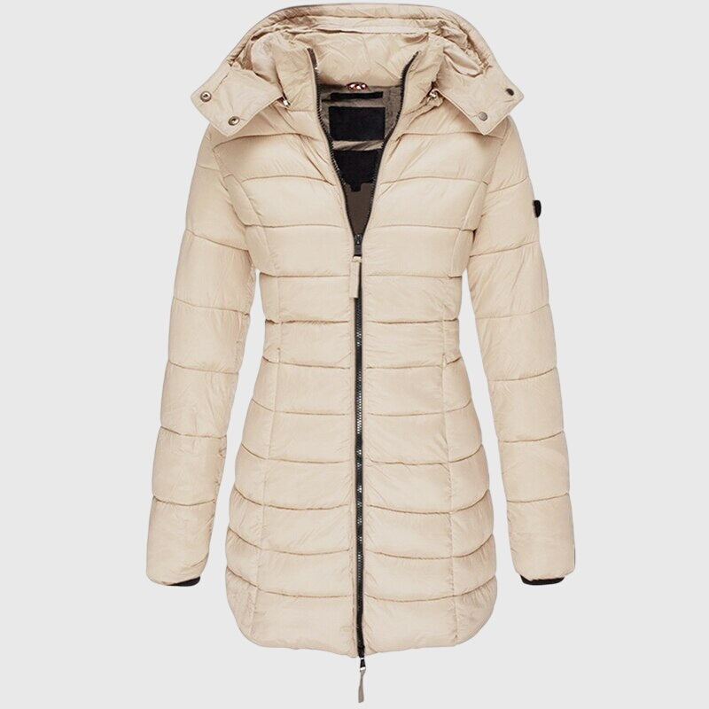 Women's longline padded coat with a hood and a fitted waist - ivory