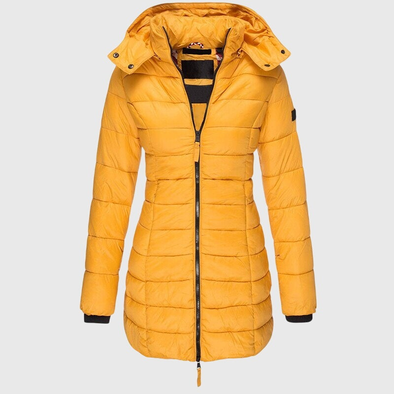 Women's longline padded coat with a hood and a fitted waist - mustard