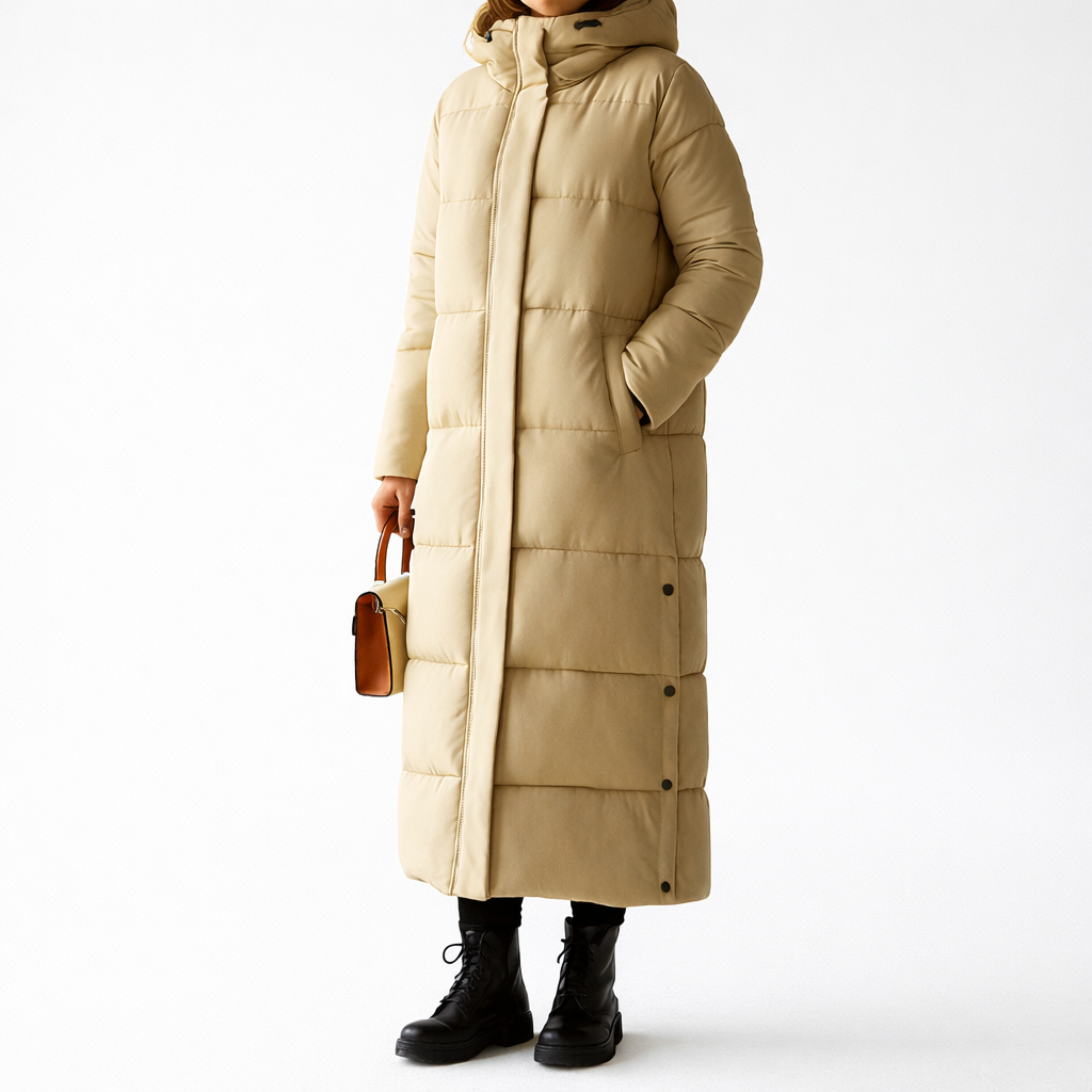 Women's longline puffer coat with a detachable hood