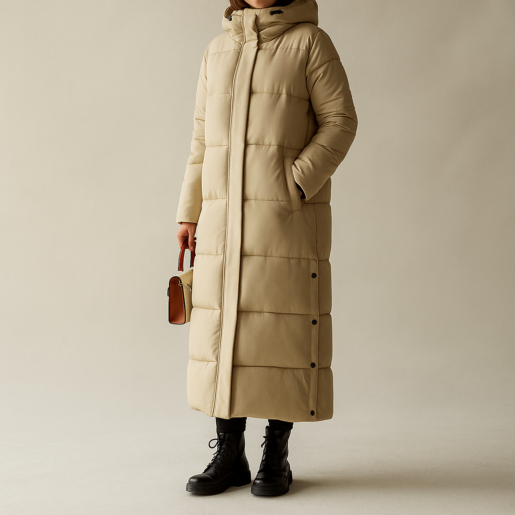 Women's longline puffer coat with a detachable hood - sand