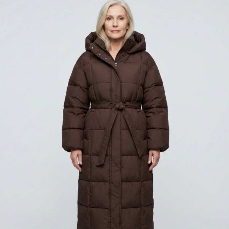 Women's longline puffer coat with a hood and tie belt - chocolate brown