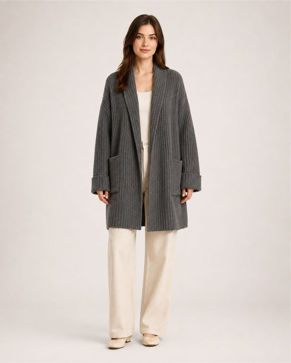 Women's longline ribbed cardigan with a shawl collar and patch pockets - charcoal