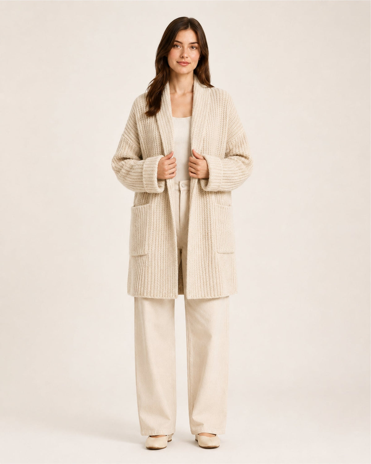 Women's longline ribbed cardigan with a shawl collar and patch pockets - cream