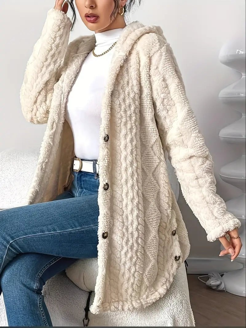 Women's longline teddy cardigan with a hood, buttons and cable pattern