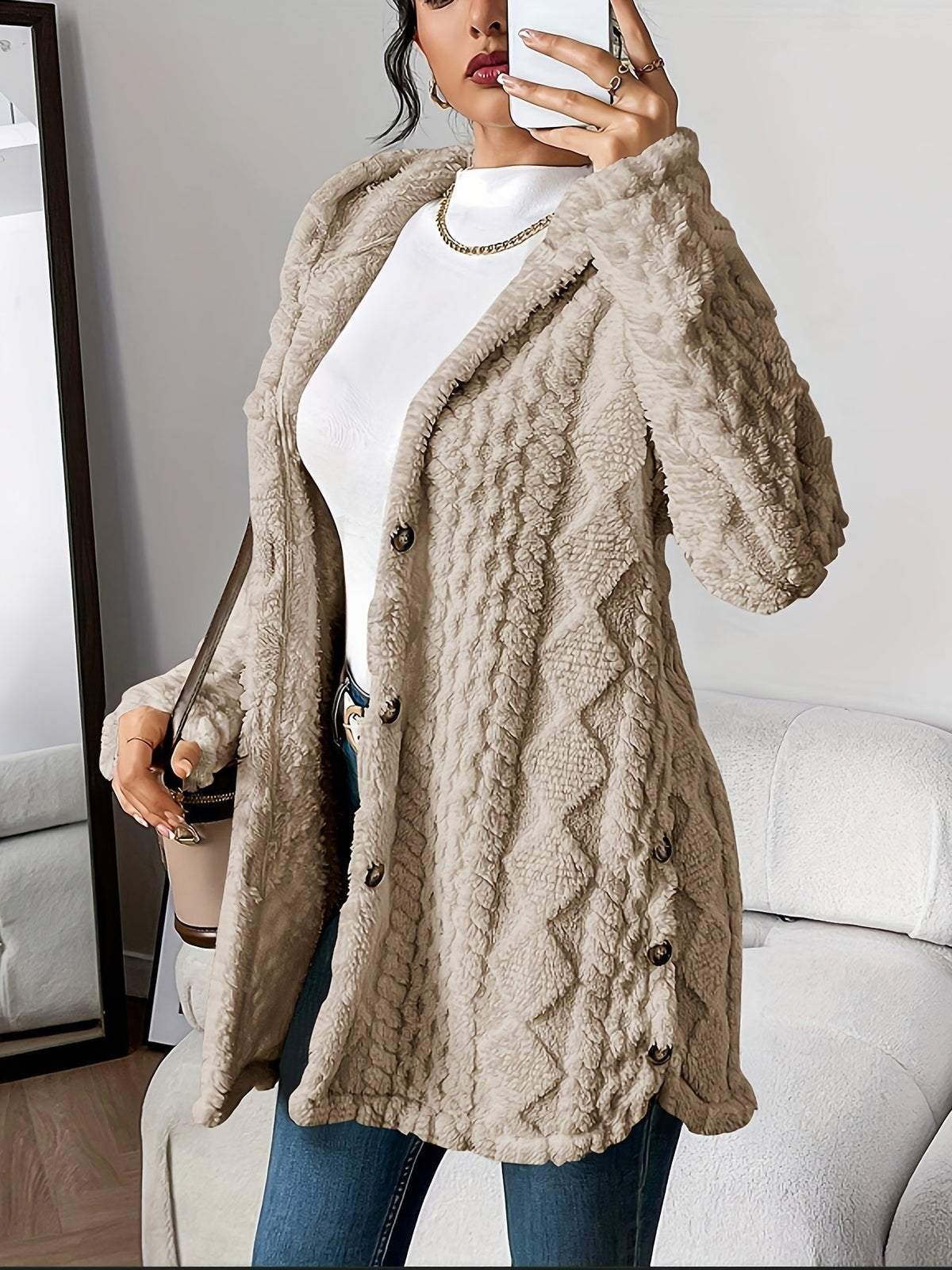 Women's longline teddy cardigan with a hood, buttons and cable pattern - beige