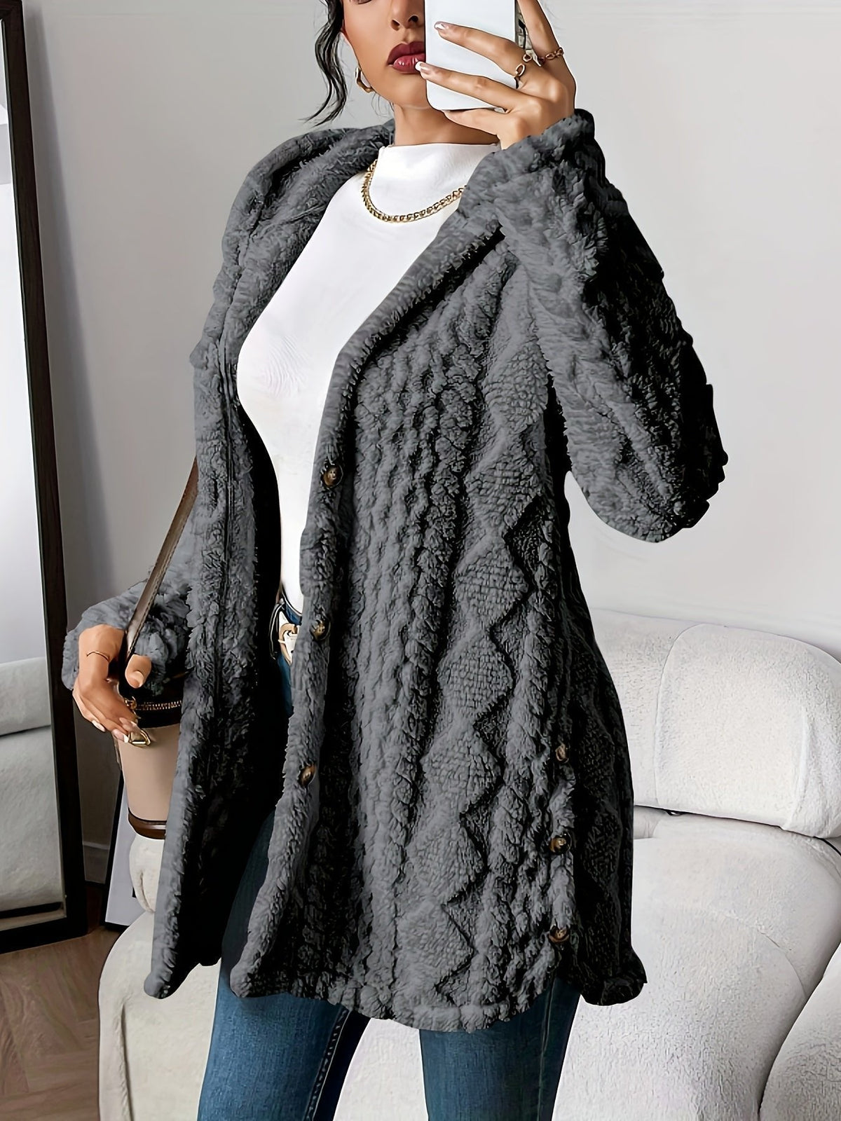 Women's longline teddy cardigan with a hood, buttons and cable pattern - grey