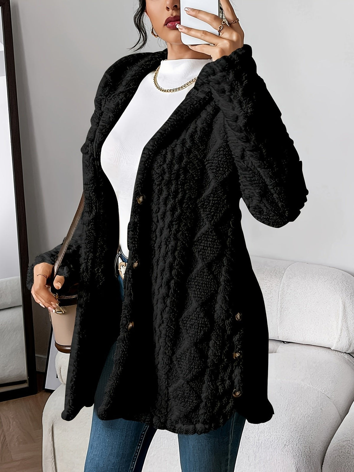 Women's longline teddy cardigan with a hood, buttons and cable pattern - black