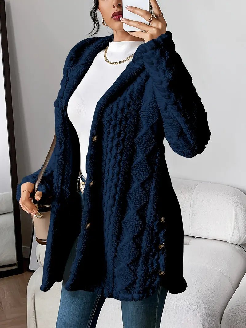Women's longline teddy cardigan with a hood, buttons and cable pattern - navy