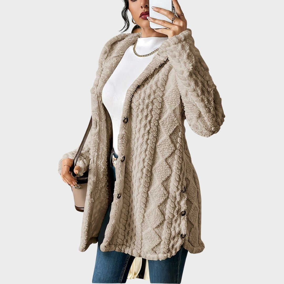 Women's longline teddy cardigan with a hood, buttons and cable pattern