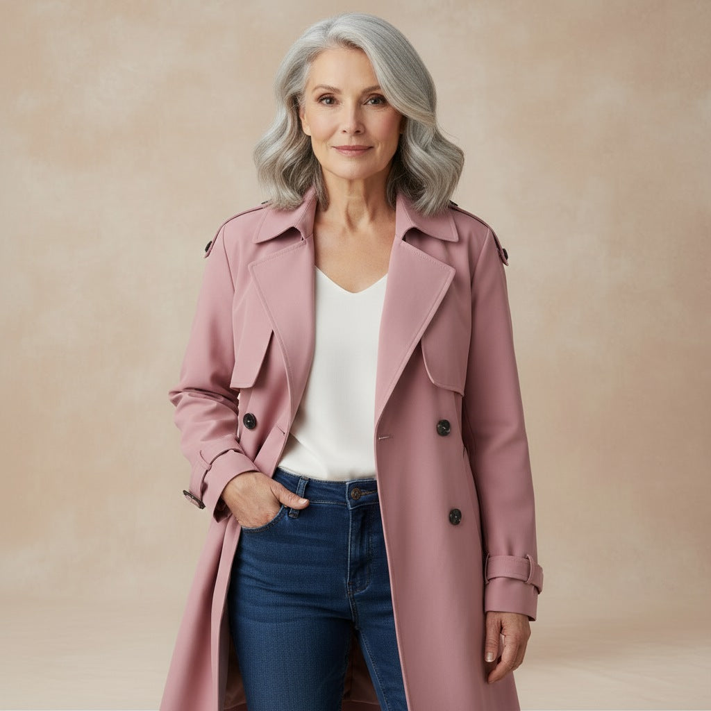 Women's longline trench coat with a double-breasted front and tie belt - dusty pink