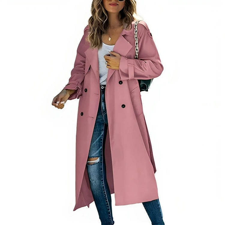 Women's longline trench coat with a double-breasted front and tie belt - dusty pink