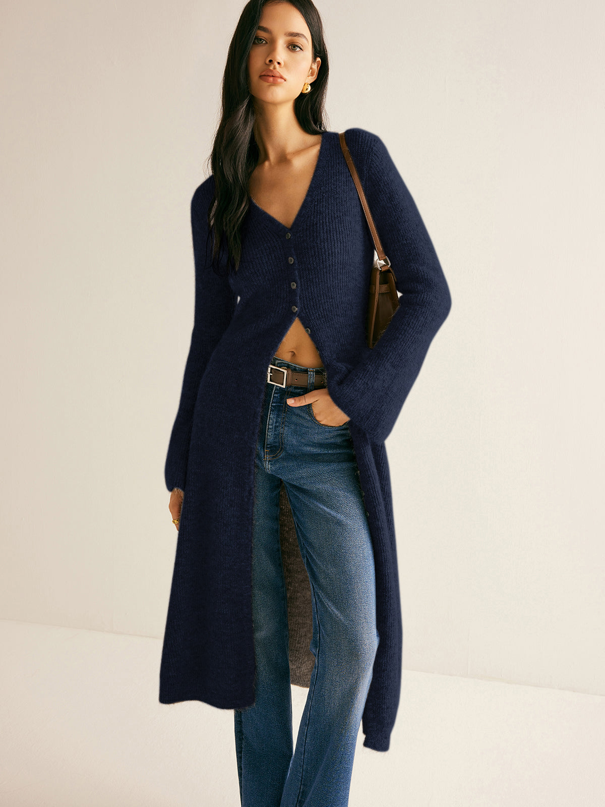 Women's longline cardigan with a V-neck, small buttons and flared sleeves - navy