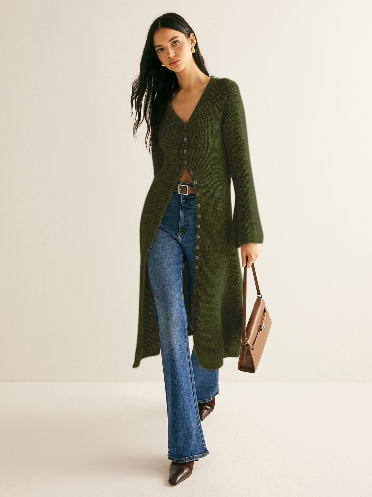 Women's longline cardigan with a V-neck, small buttons and flared sleeves - dark green