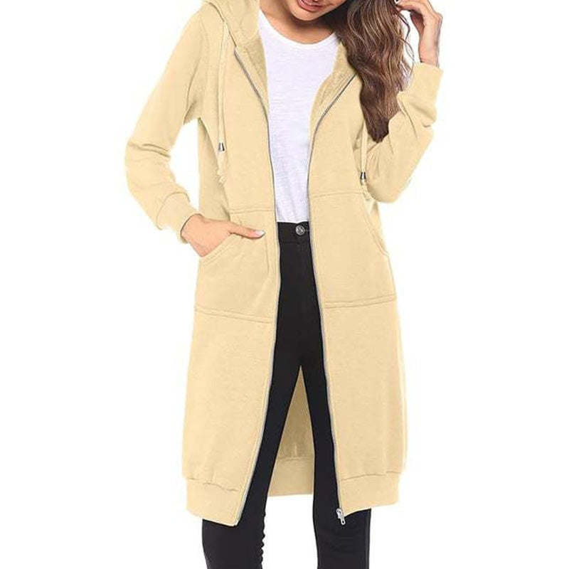 Longline zip-up hooded cardigan in sweatshirt fabric - beige
