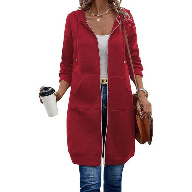 Longline zip-up hooded cardigan in sweatshirt fabric - red