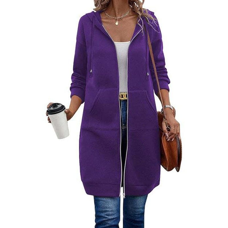 Longline zip-up hooded cardigan in sweatshirt fabric - purple