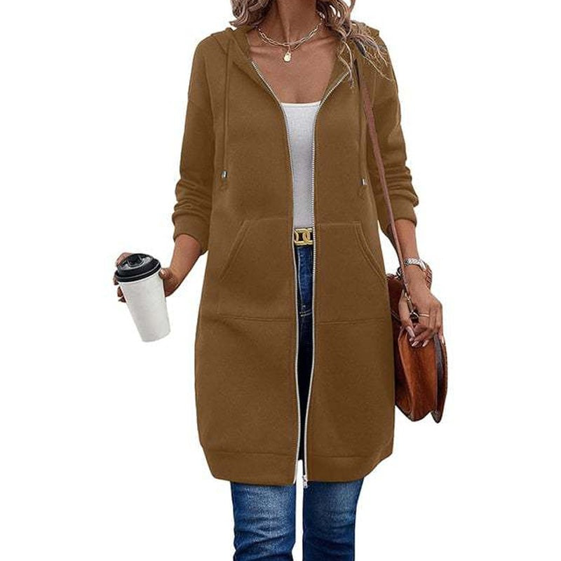 Longline zip-up hooded cardigan in sweatshirt fabric - camel