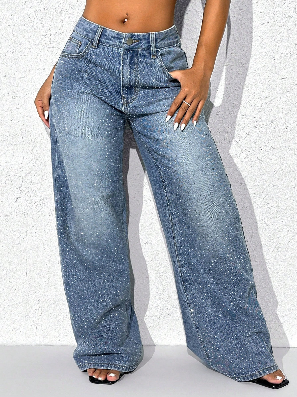 Low rise wide leg jeans for women with sparkling diamante across the legs - mid blue