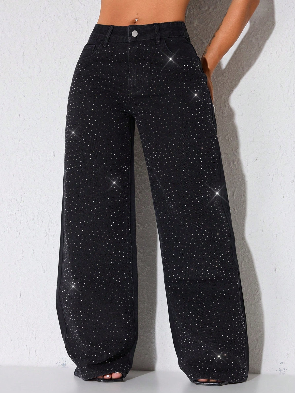 Low rise wide leg jeans for women with sparkling diamante across the legs - view 10
