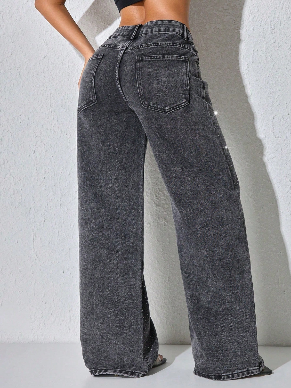Low rise wide leg jeans for women with sparkling diamante across the legs - view 11