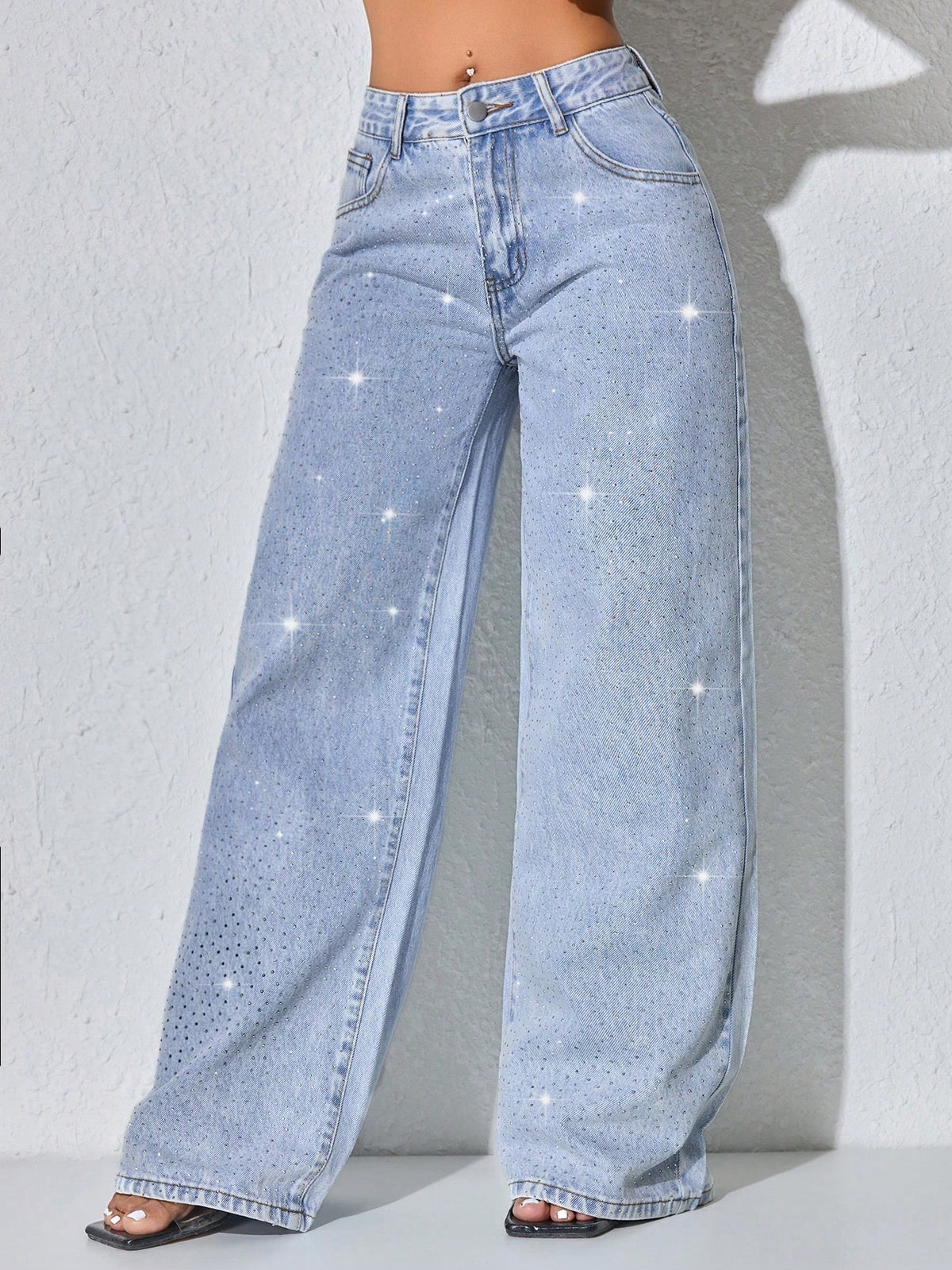 Low rise wide leg jeans for women with sparkling diamante across the legs - light blue