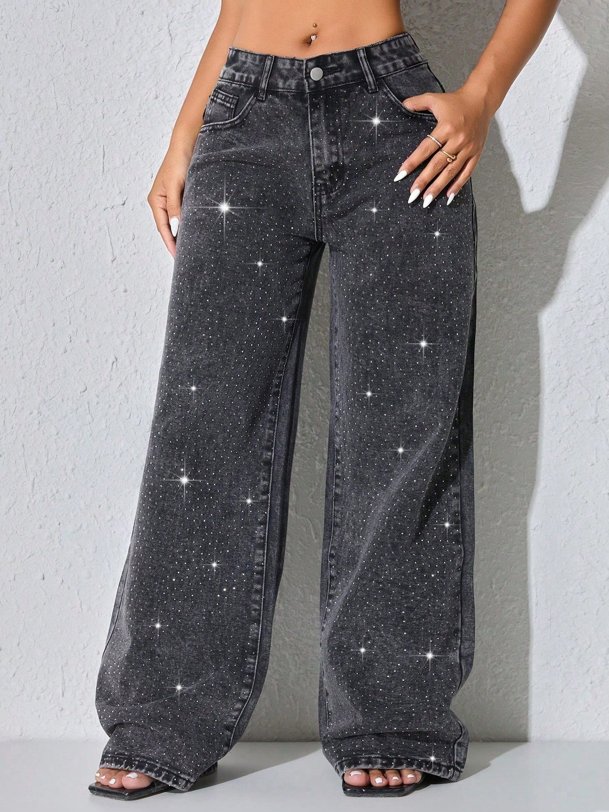 Low rise wide leg jeans for women with sparkling diamante across the legs - charcoal