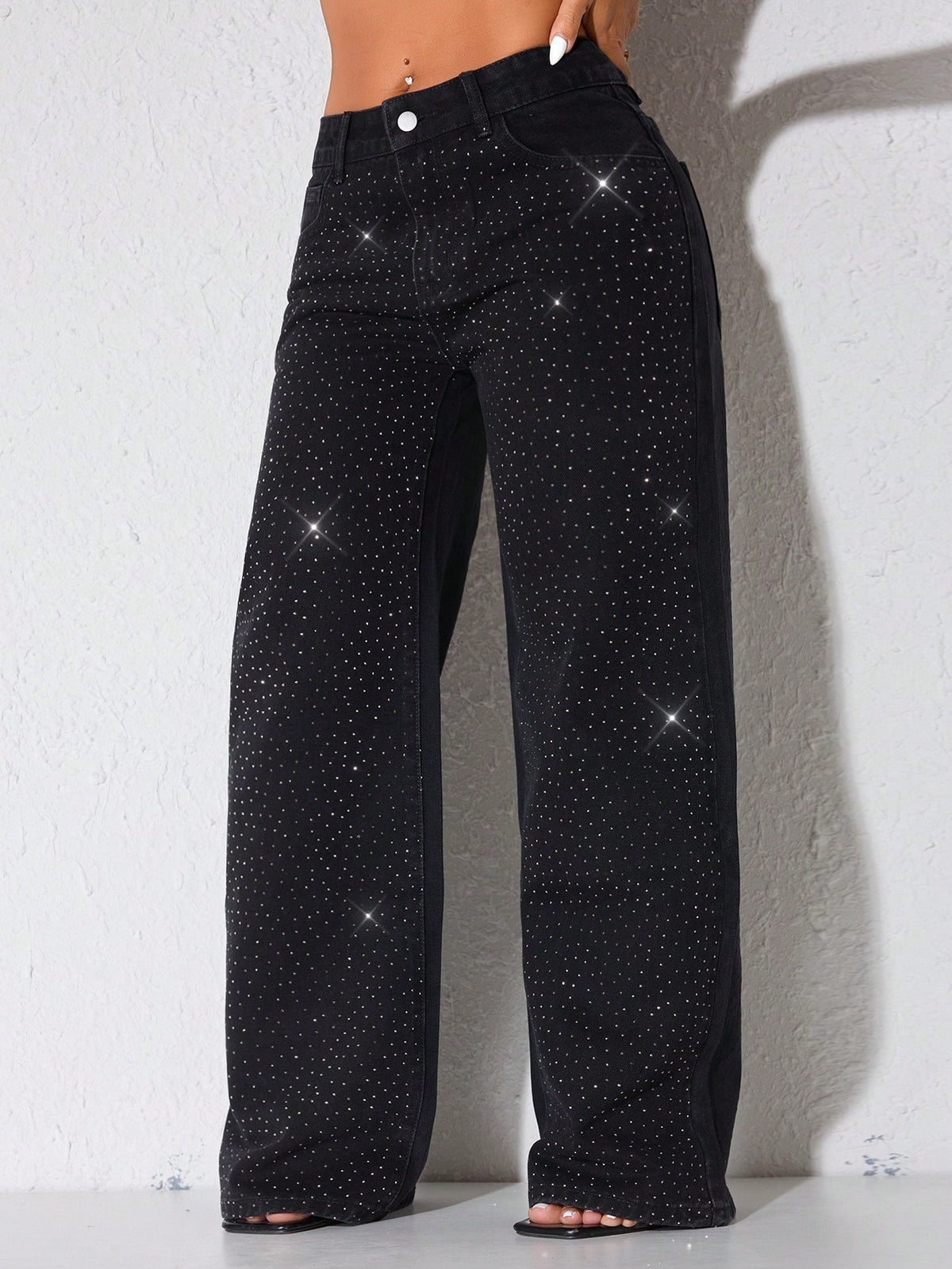 Low rise wide leg jeans for women with sparkling diamante across the legs - view 9