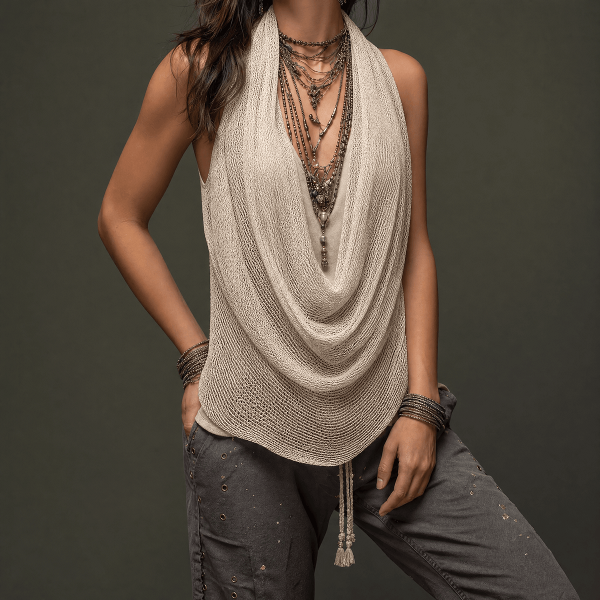 Women's cowl neck knit halter top in Beige