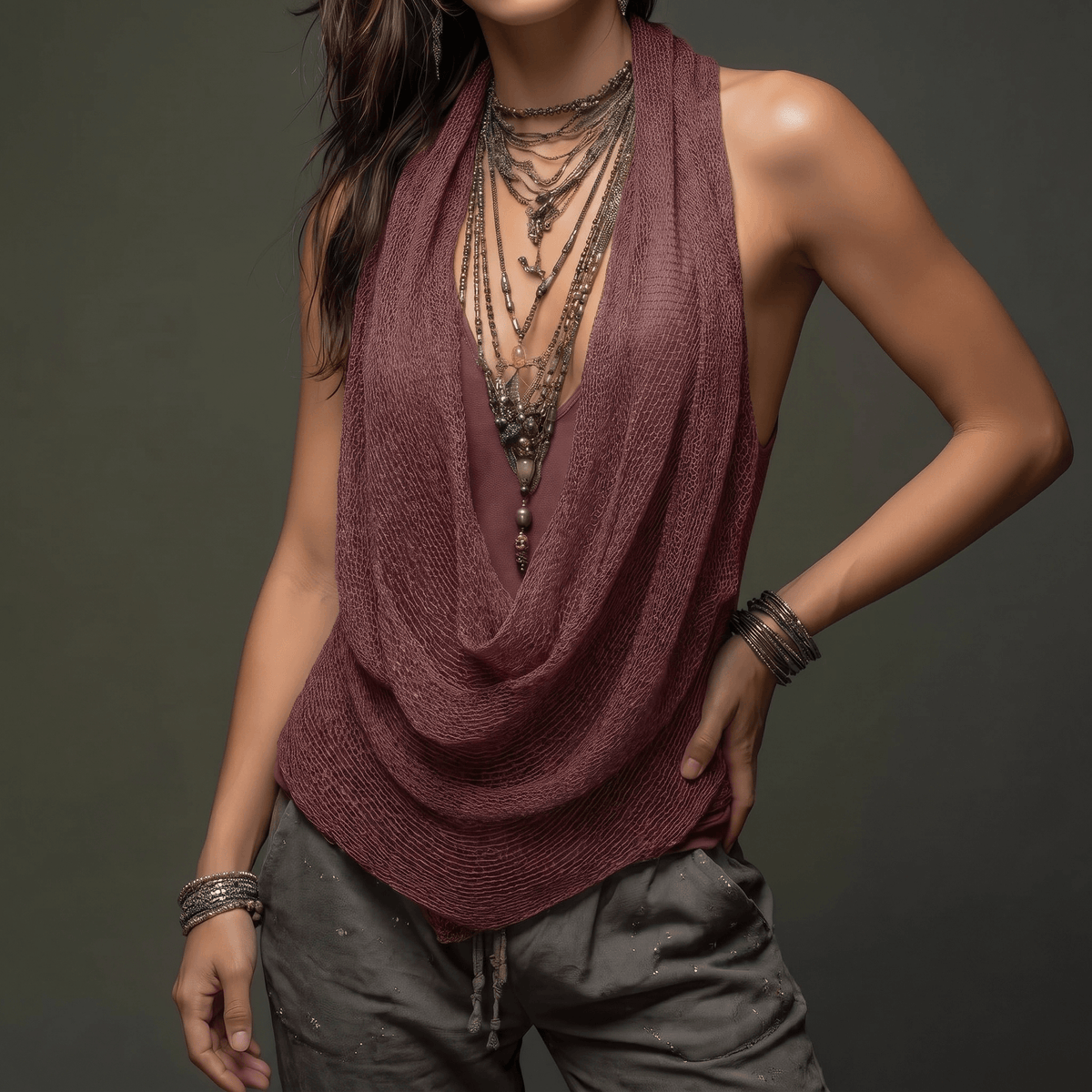 Women's cowl neck knit halter top in Maroon