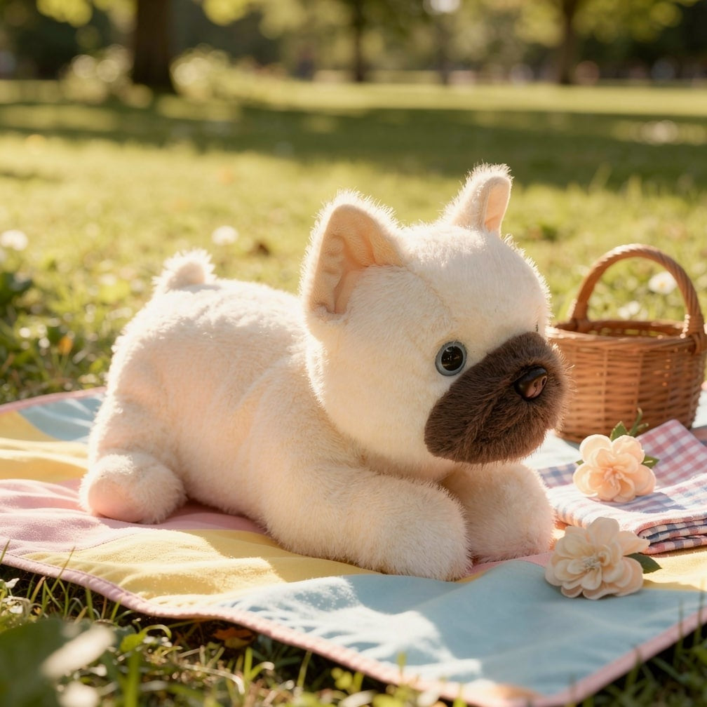 Lying bulldog soft toy of 30 cm - cream