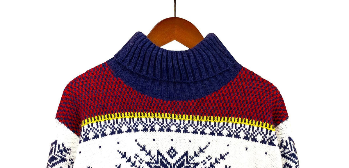 Matching his and hers Fair Isle Christmas jumper with a stand-up neck