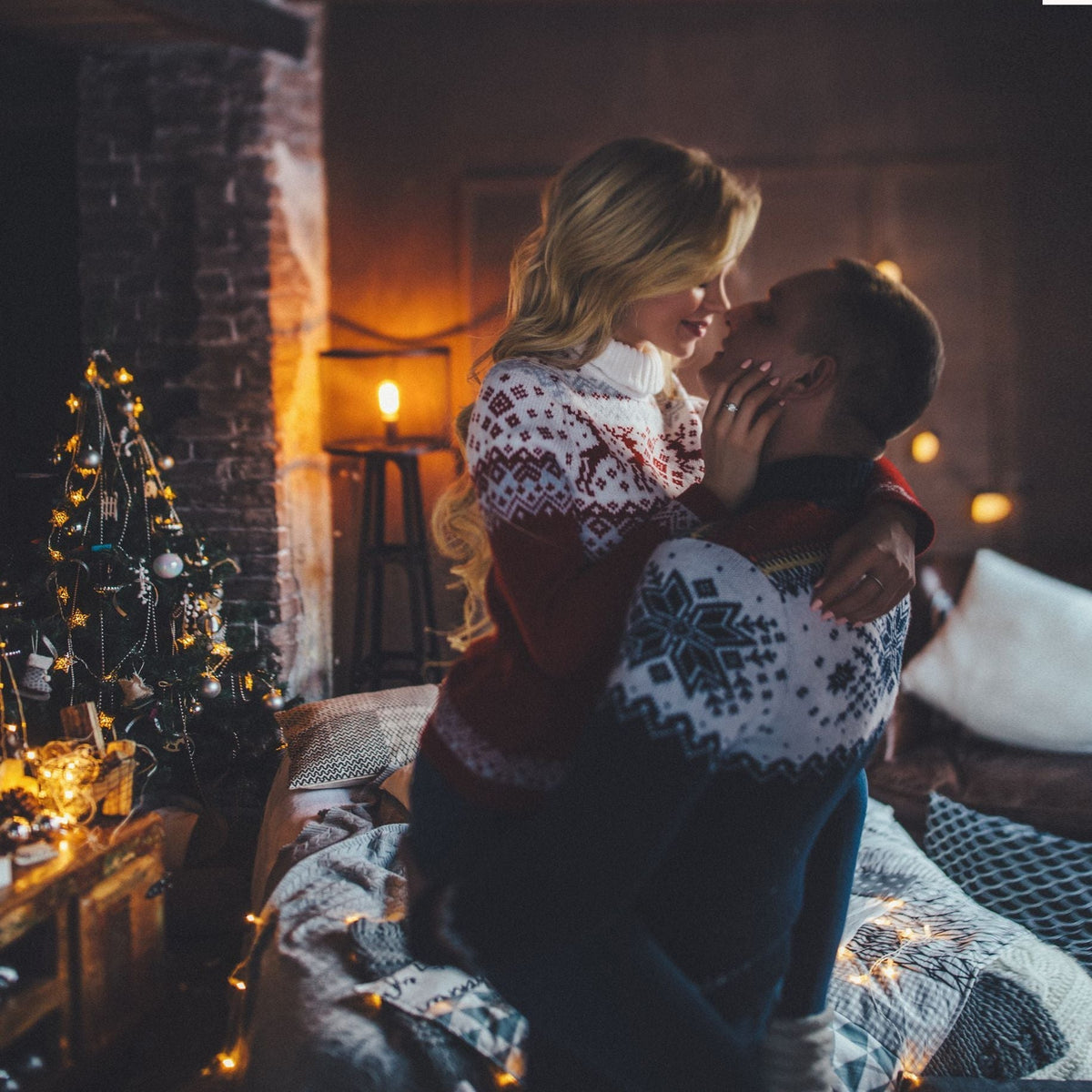 Matching his and hers Fair Isle Christmas jumper with a stand-up neck