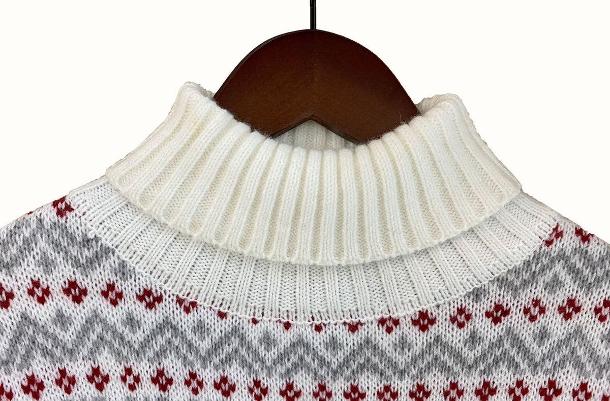Matching his and hers Fair Isle Christmas jumper with a stand-up neck