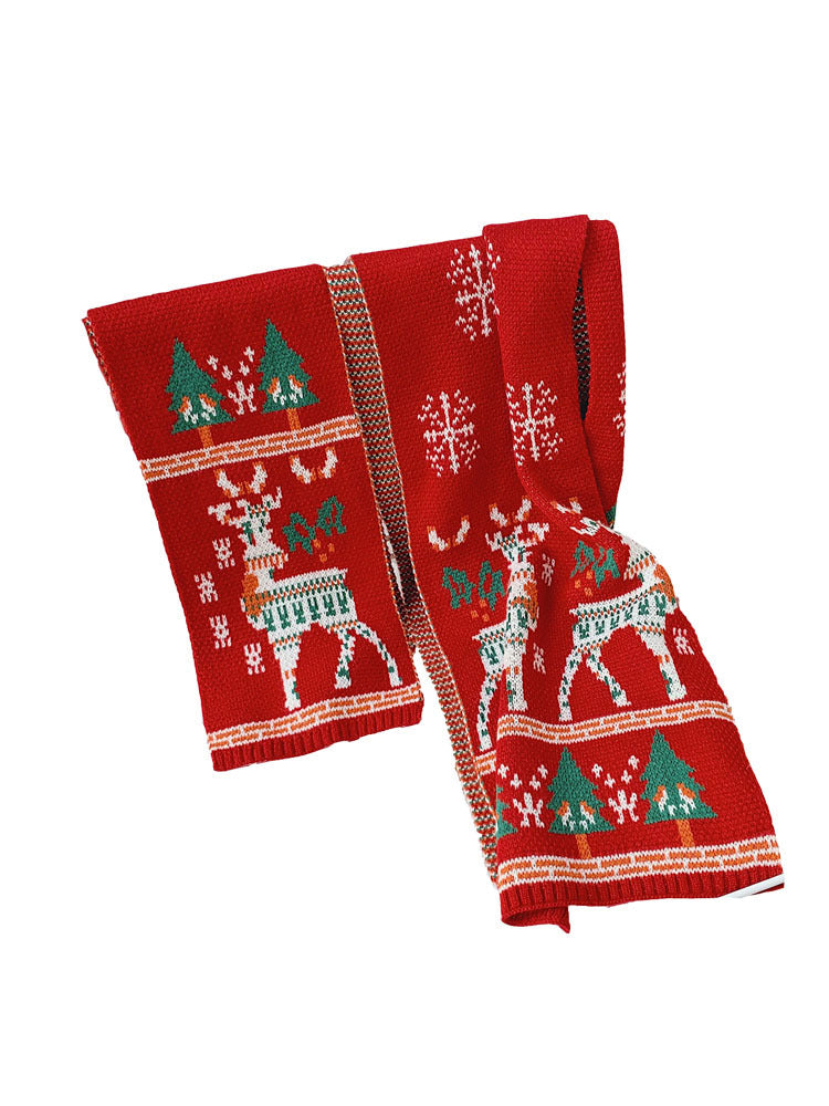 Red knitted Christmas scarf with a reindeer and trees, for parent and child