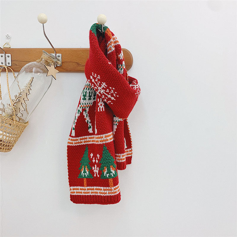Red knitted Christmas scarf with a reindeer and trees, for parent and child - adult