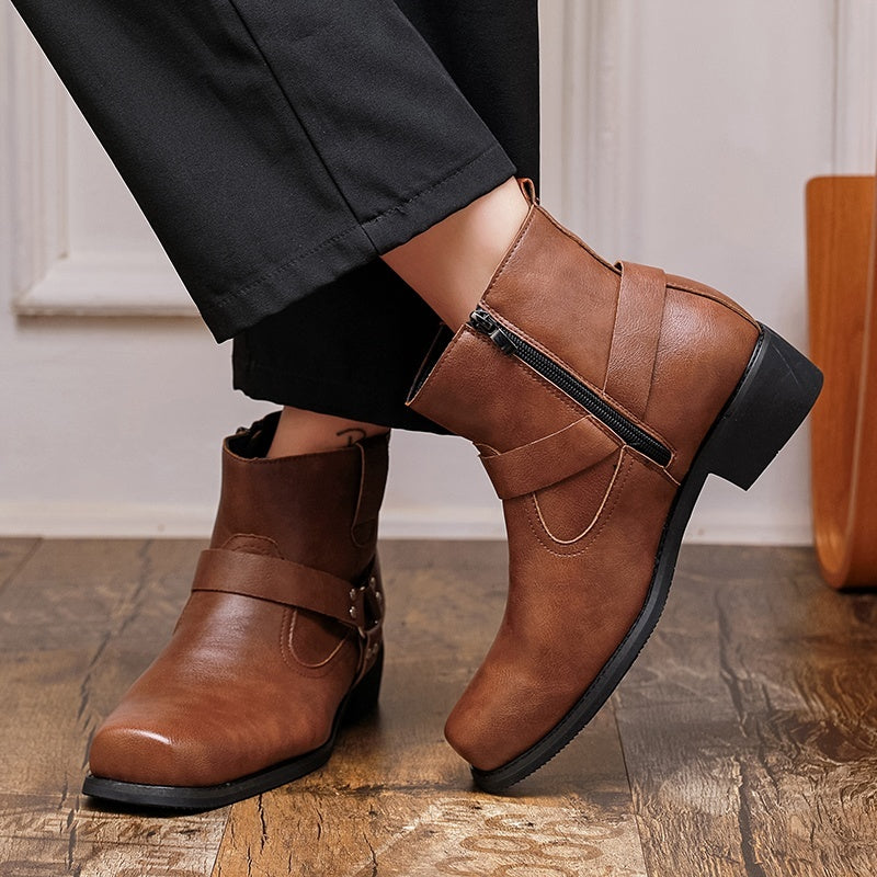 Men's ankle boots in PU leather with an inside zip, ring strap and square toe - view 5