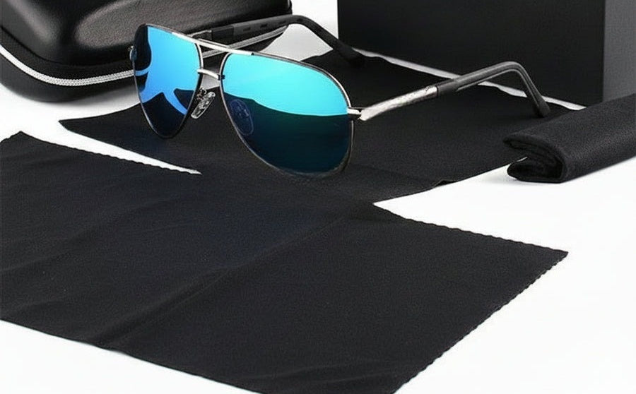 Men's aviator sunglasses with teardrop lenses, a thin metal frame and double bridge - blue mirror
