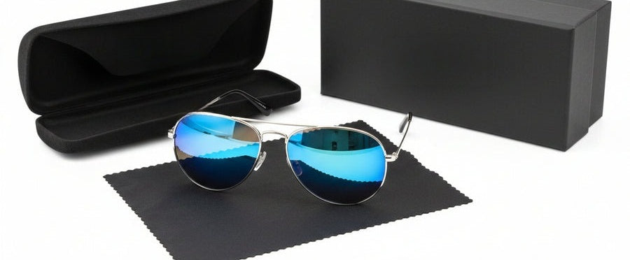 Men's aviator sunglasses with teardrop lenses, a thin metal frame and double bridge