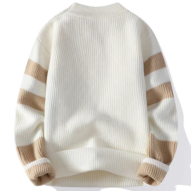 Men's knitted jumper with colour blocks on the front and striped sleeves